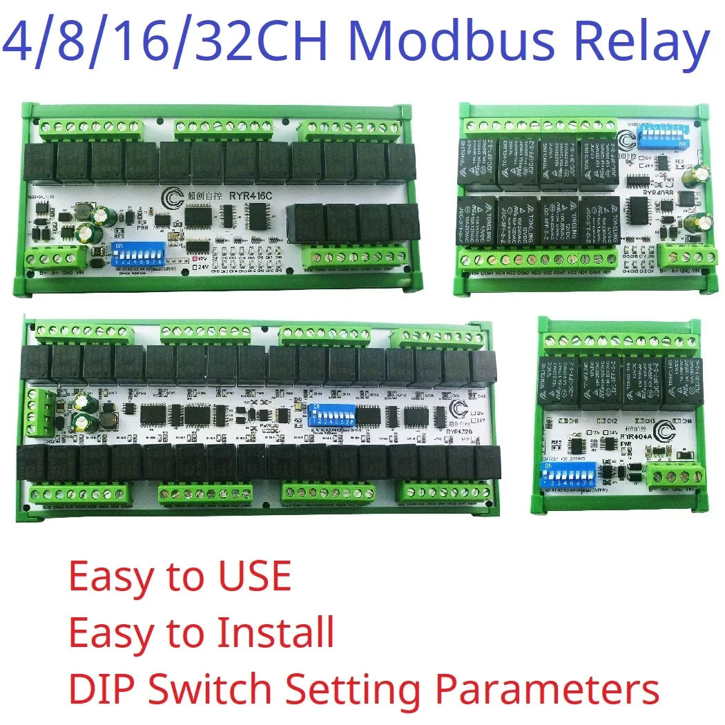 Relay Module RS485 Bus Modbus RTU UART Serial Port HMI PLC DIP Setup Parameters 4-32 Channels 10A 20A DC 12V 24V Switch Board RYR404A RYR408B RYR416C RYR432D
