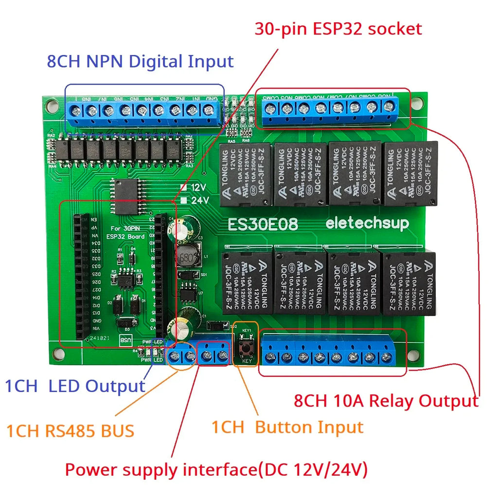 ES30E08 8DI 8DO Relay Module RS485 PLC Controller Shield for 30Pin ESP32 Development Board DC 12V 24V NPN Input