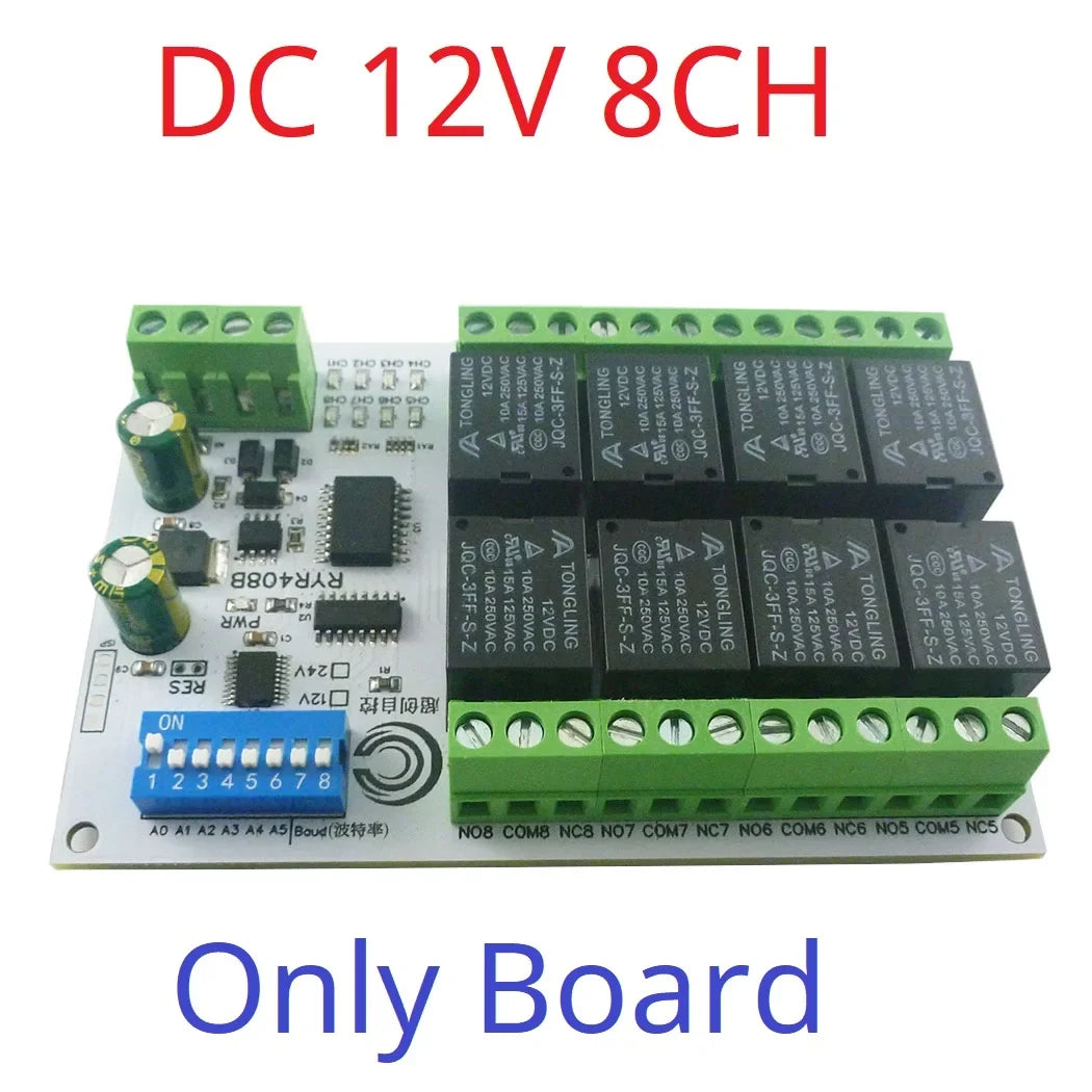 RYR408B 8CH 10A RS485 Relay Module – DIP Switch Configurable Modbus RTU PLC Remote IO Board with 8 Commands for Industrial Automation