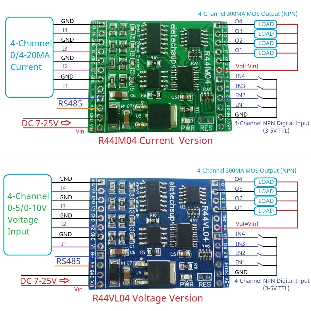 R44IM04 R44VL04 12CH RS485 Modbus RTU Mixed IO Module – 4AI 4DI 4DO Analog Digital Remote I/O Board for PLC Inverter Converter