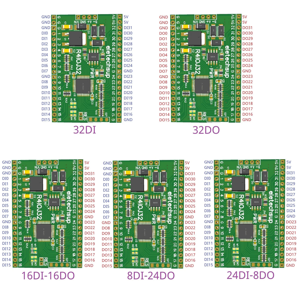 R4IOJ32 5 IN 1 32DI/32DO/16DI-16DO/8DI-24DO/24DI-8DO Modbus Rtu Digital 5V 3.3V TTL IO RS485 2.54mm Pin Core Board
