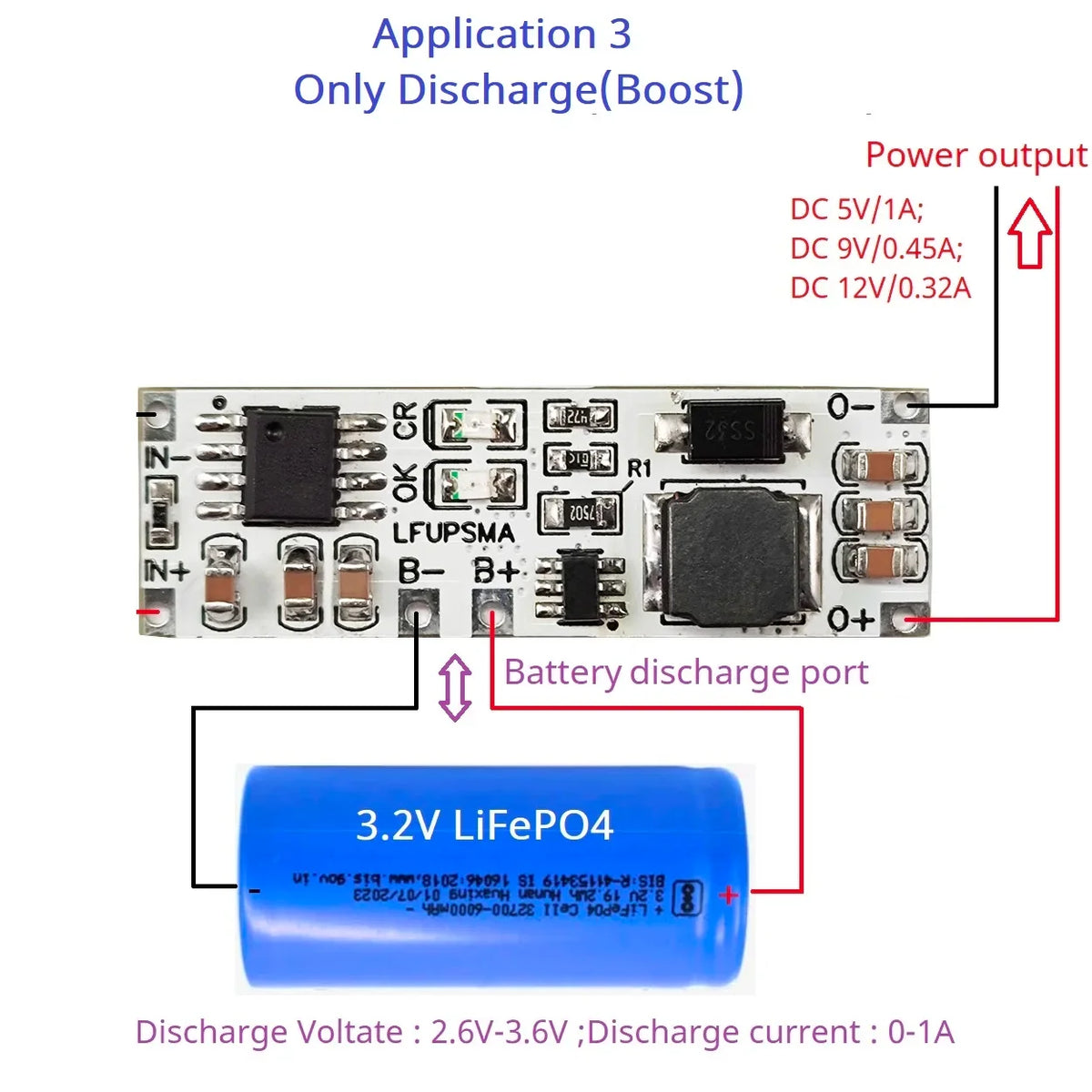 LFUPSMA 2-in-1 LiFePO4 UPS Module, 1S 3.2V Battery Charger & DC-DC Boost Converter 5V/9V/12V for 32700 18650 Solar DIY