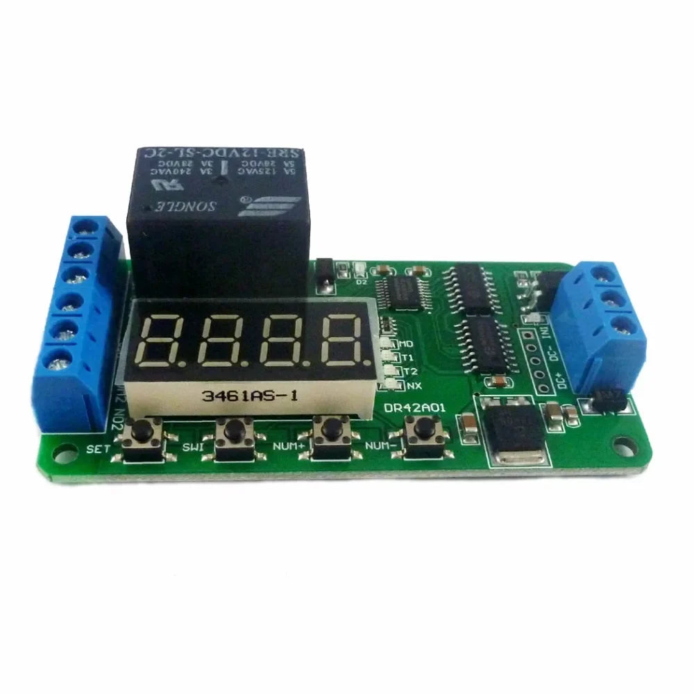 DR42A01 Dual CH 12V DPDT Delay Relay Module – 18-Mode 0.01s Timer for Stereo Audio Polarity Reversal PLC Control