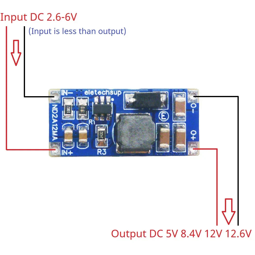 8W DC-DC Boost Converter Module ND2A12MA, 2.6-6V Input to 5V/8.4V/12V/12.6V Output, Adjustable Current Limit 0.5-2.5A, UVLO/OVP/SCP