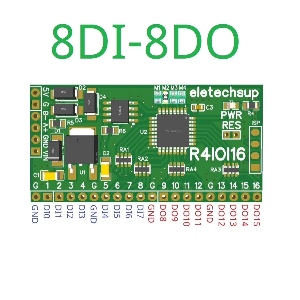 R4IOI16 16CH 5 IN 1 Modbus Rtu Digital IO Module RS485 NPN PNP DI-DO Pin Core Board Switching Input Output PLC HMI Remote IO Expanding