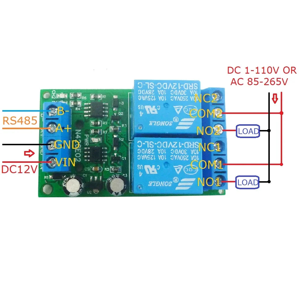N428E02 2CH RS485 Modbus RTU Relay Module – DC 12V 10A Serial Port Switch Board with 6 Commands for PLC PTZ Motor Industrial Control