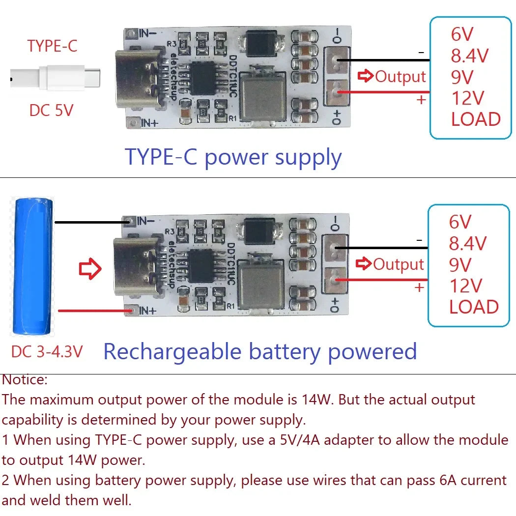 DDTC11UC 14W Type-C 5V to 6V 8.4V 9V 12V Step-Up DC-DC Boost Converter Voltage Regulator Module for DIY Arduino Mobile Charger