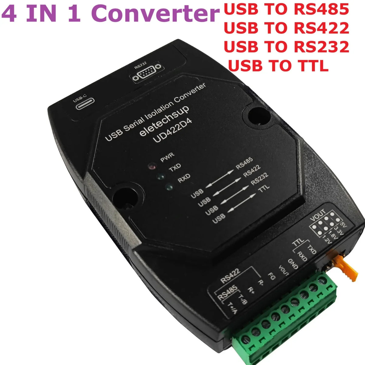 UD422D4 Industrial USB-C to RS485 RS422 RS232 TTL 4-in-1 Converter 2.5KV Isolation Surge Protection, UART Serial Adapter for PLC