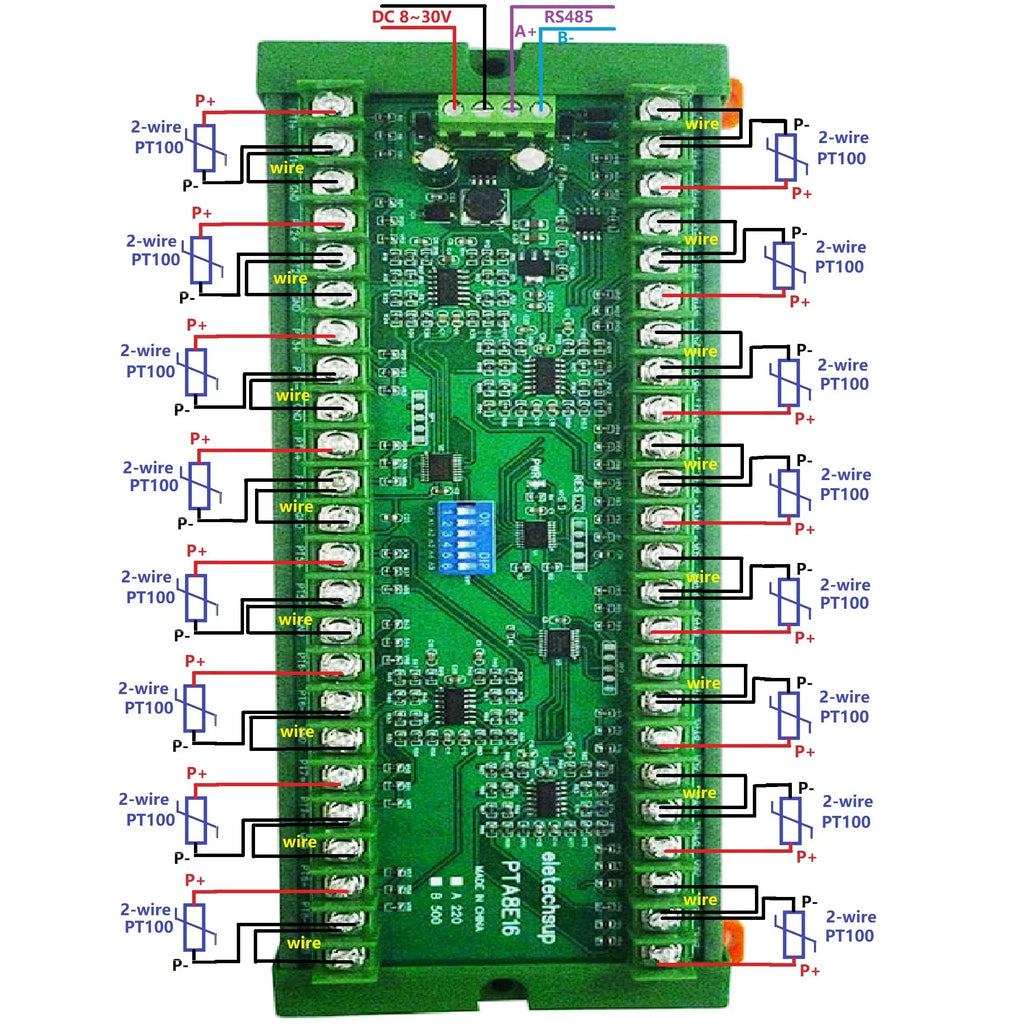 16CH PT100 Temperature Acquisition Module – DC 12/24V RS485 Modbus RTU Collector Board -40°C to +500°C for Industrial Monitoring PTA8E16