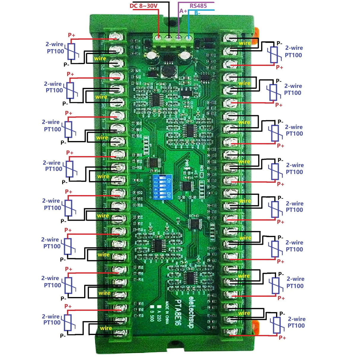 16CH PT100 Temperature Acquisition Module – DC 12/24V RS485 Modbus RTU Collector Board -40°C to +500°C for Industrial Monitoring PTA8E16