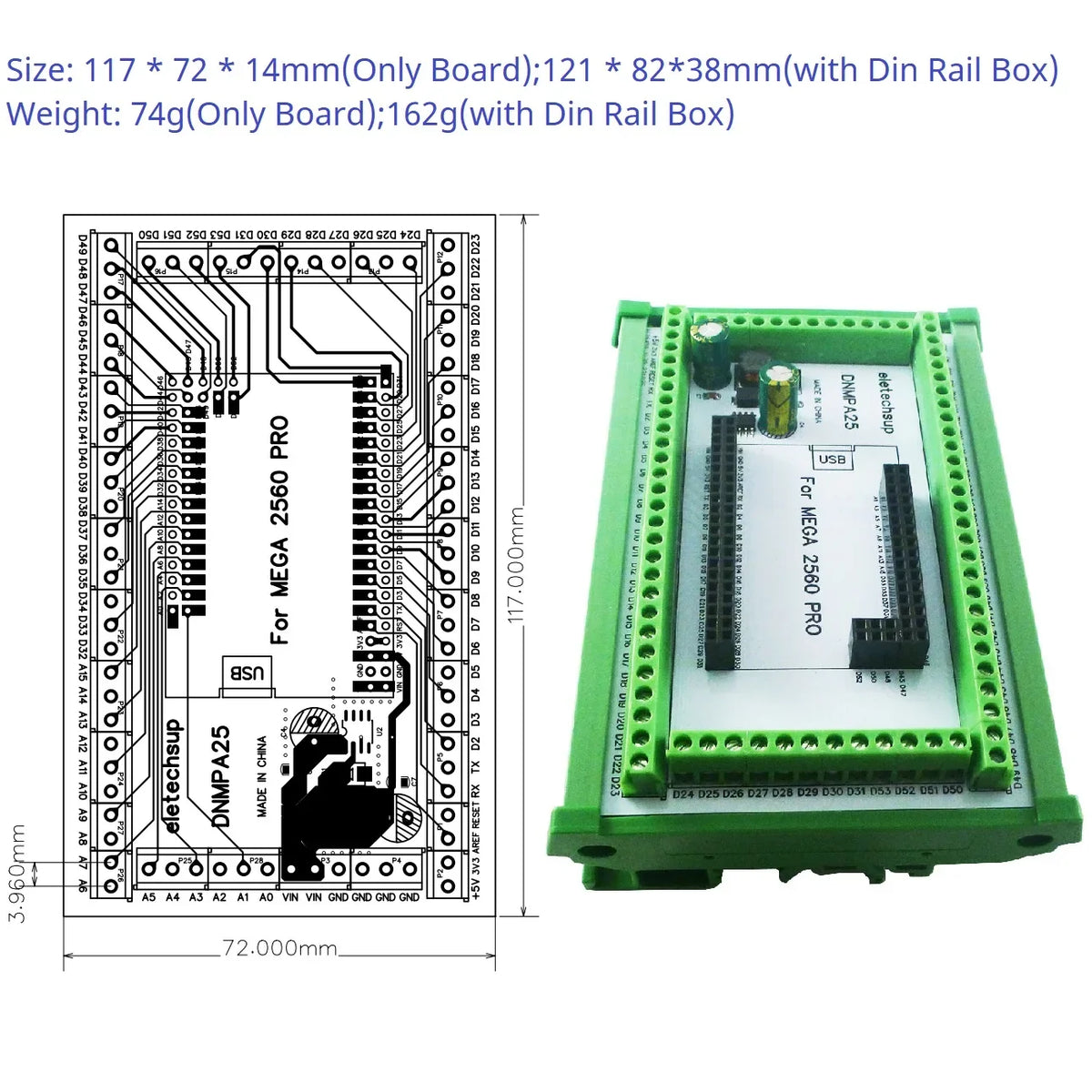DNMPA25 DIN Rail Screw Terminal Block Adapter Module for Arduino MEGA2560 PRO Board 7-30V to 5V 2A DC-DC Converter Industrial