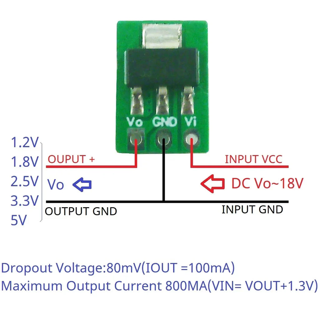 LO1117MB 1A Ultra-Low Dropout LDO Regulator – 2.5-18V to 1.2V/1.8V/2.5V/3.3V/5V Step-Down Module for Li-ion LiFePO4 Solar Battery