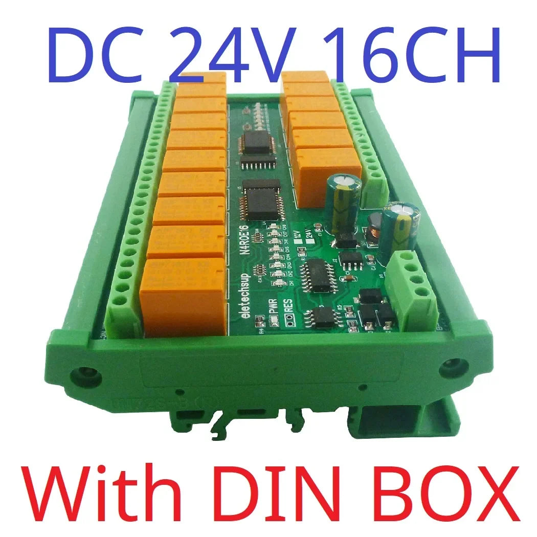 N4D3E16 16CH RS485 Modbus RTU Relay Module – DC 12V/24V Digital Output Board with 10A SPDT Contacts for PLC IO Expansion