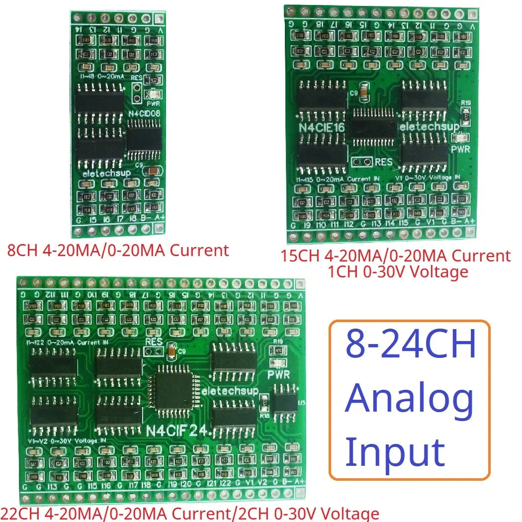 8-24 Channel Industrial Analog Input Module – Modbus RTU 4-20mA/0-20mA/0-5V/0-10V Current Voltage Data Collector N4CID08 N4CIE16 N4CIF24 for PLC Sensor Monitoring