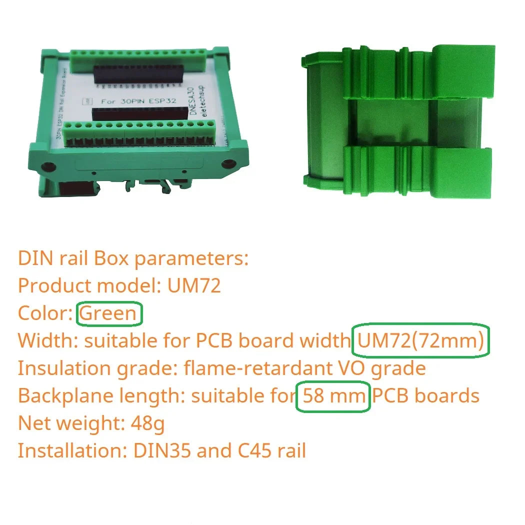 DNESA30 DNESP32 DIN Rail Mount Screw Terminal Adapter – 3.96mm Breakout Board for 30/38-Pin ESP32 WROOM-32 DevKitC with DIN35/C45 Rail