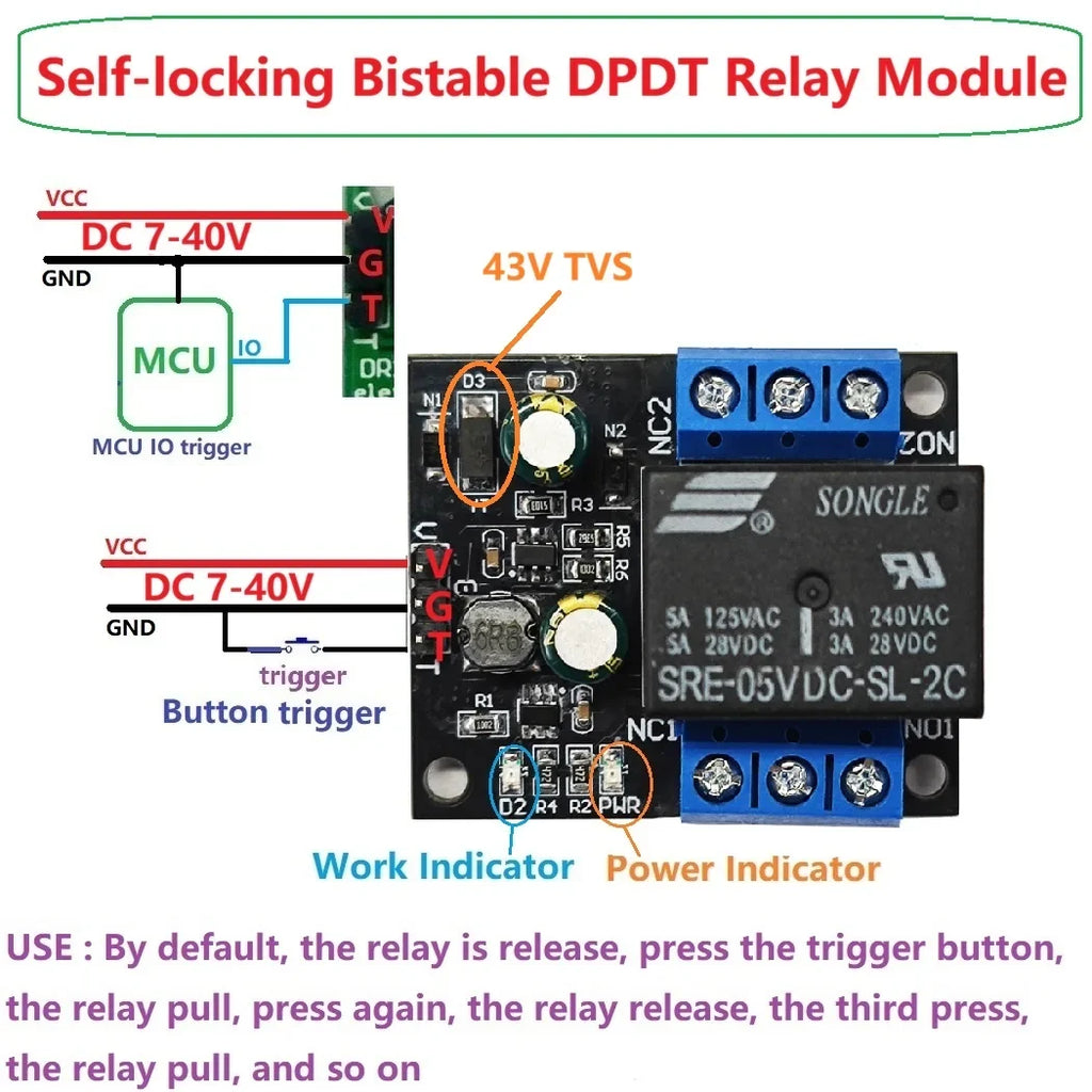 DR26F01 DPDT Self-Locking Relay Module – DC 7-40V 5A Bistable Latching Switch with Low Pulse Trigger for Motor Reverse Polarity Control