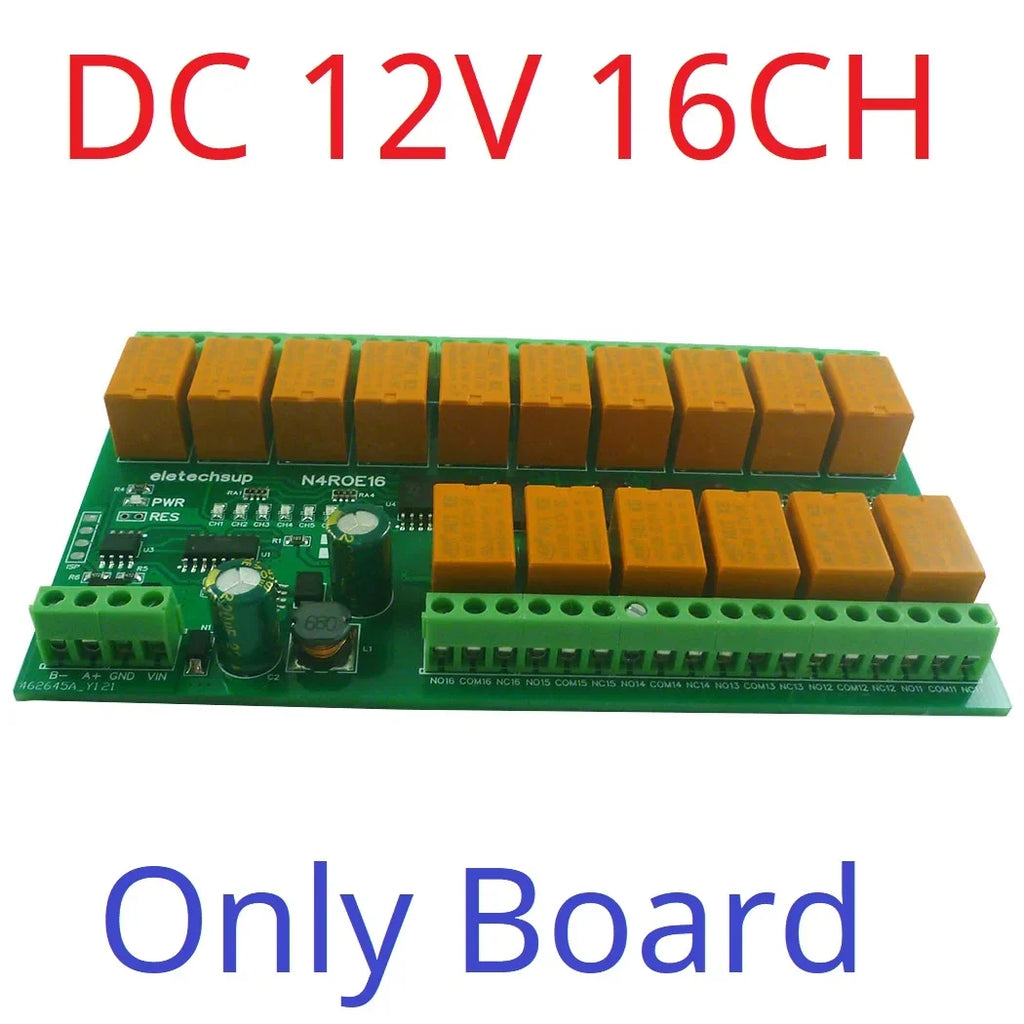 N4D3E16 16CH RS485 Modbus RTU Relay Module – DC 12V/24V Digital Output Board with 10A SPDT Contacts for PLC IO Expansion