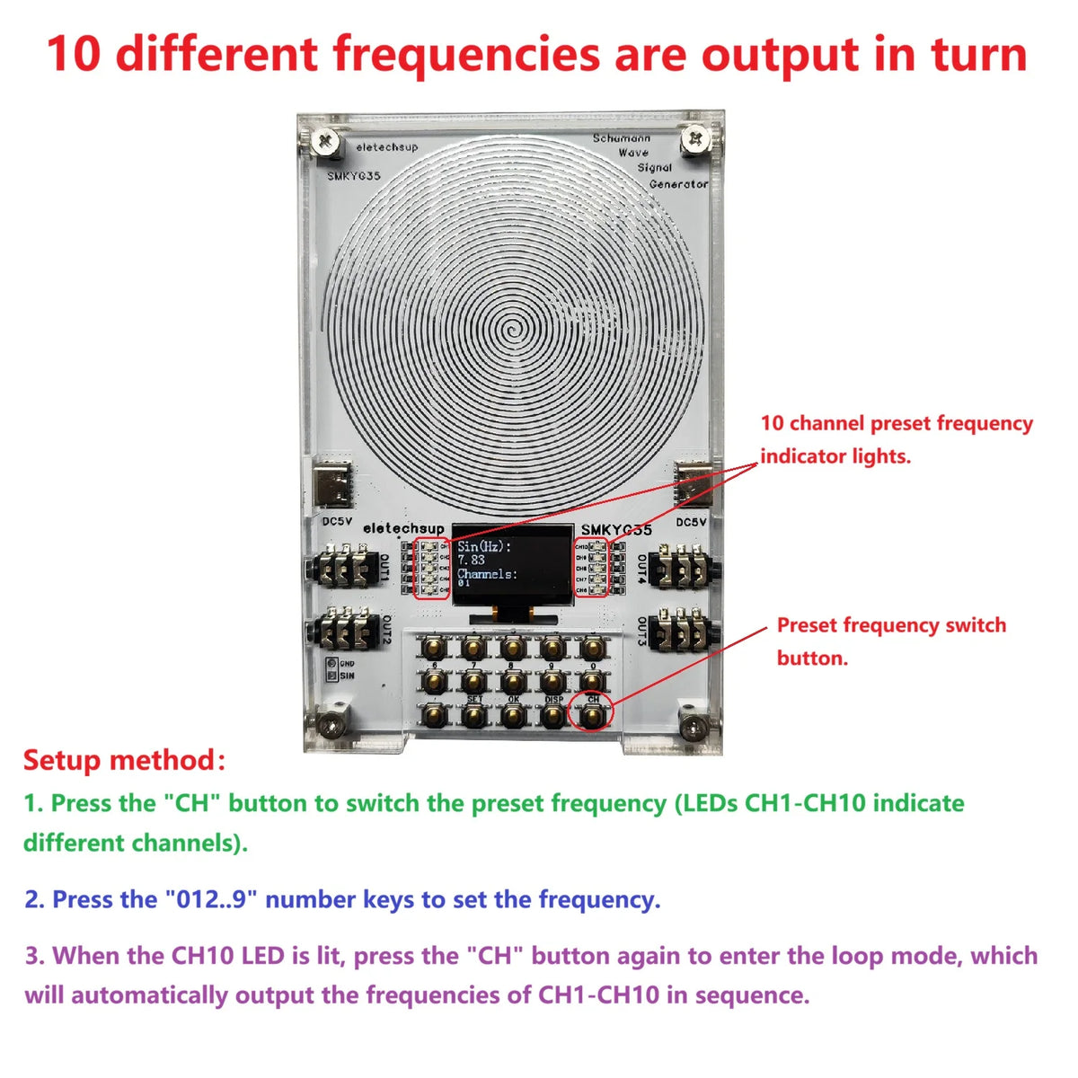 10CH Preset Frequency 0.01-100KHZ Adjustable Schumann Resonance Pure Sine Wave Signal Generator Meditation Sleep Aid Devices SMKYG35