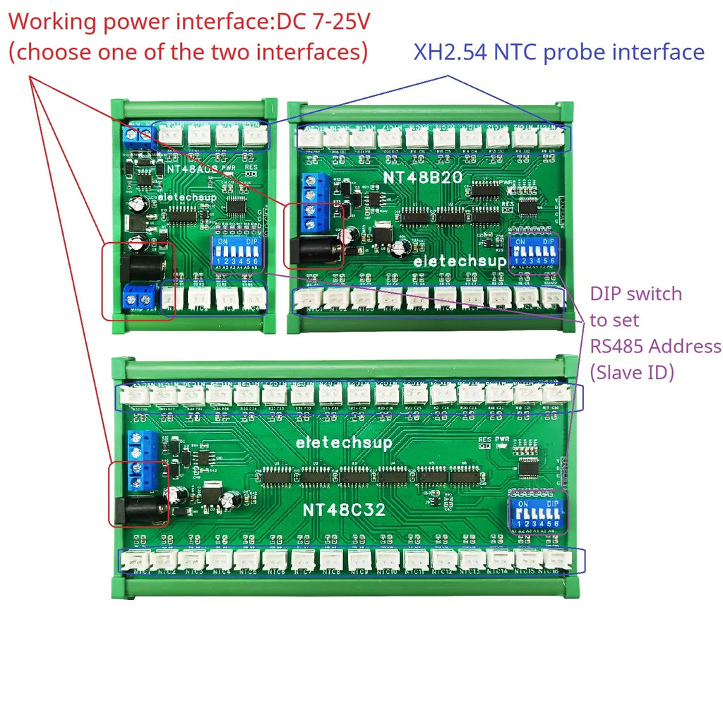 NT48A08 NT48B20 NT48C32 8-32CH RS485 Temperature Collector – Modbus RTU AI Remote IO Module with 10K B3950 NTC Sensor for PLC SCADA