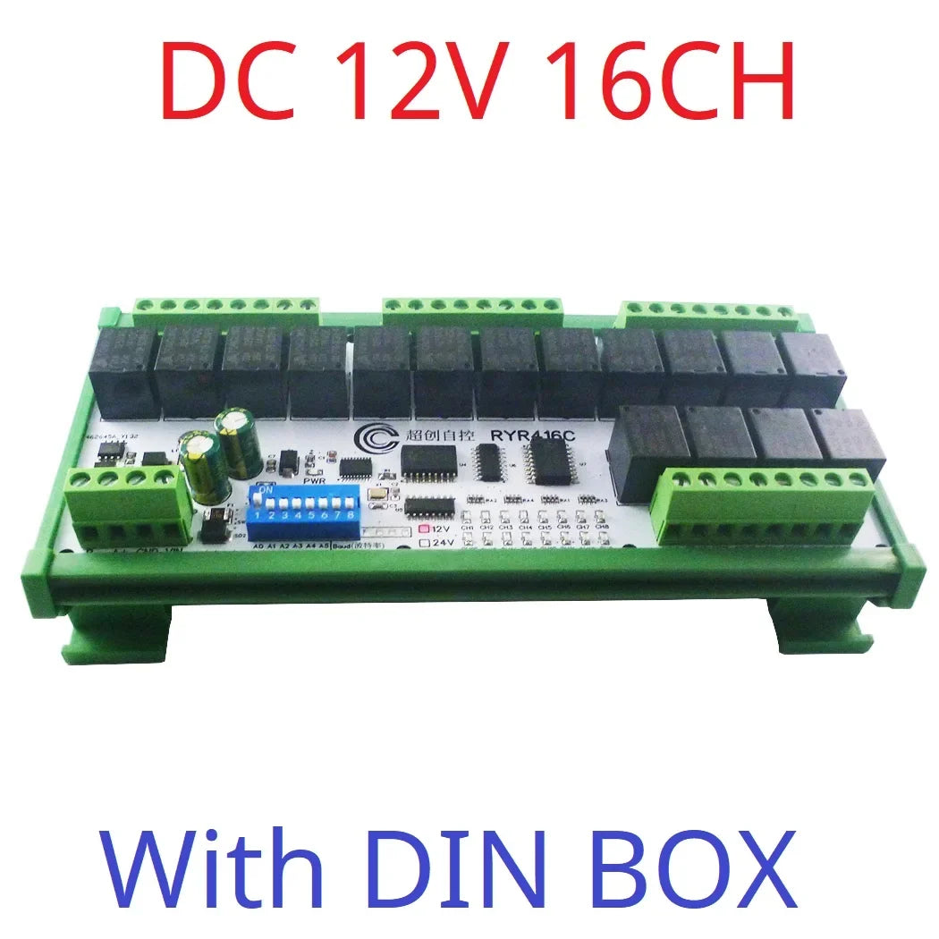 R4D3B16 16CH RS485 Modbus RTU Relay Module – DC 12V/24V Multifunction IO Expansion Board with 10A Output for PLC HMI Smart Home