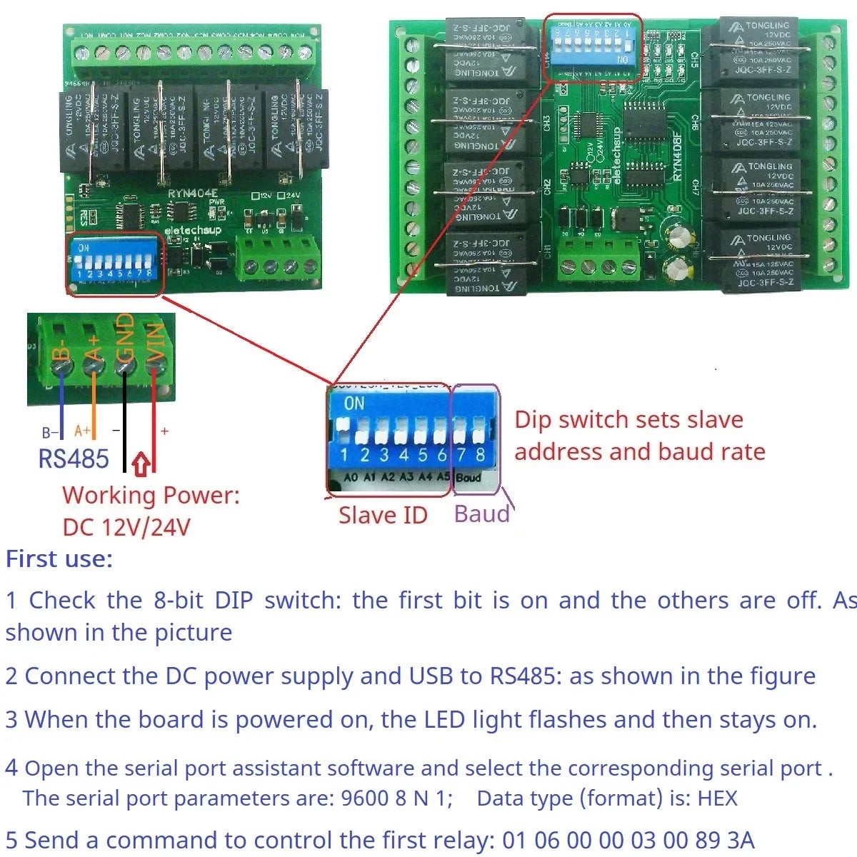 T73 Plug-in Relay Module – RS485 Modbus RTU Remote IO Controller with Momentary Latching Interlock Delay Switch for DIY Smart Home RYN404E RYN408F