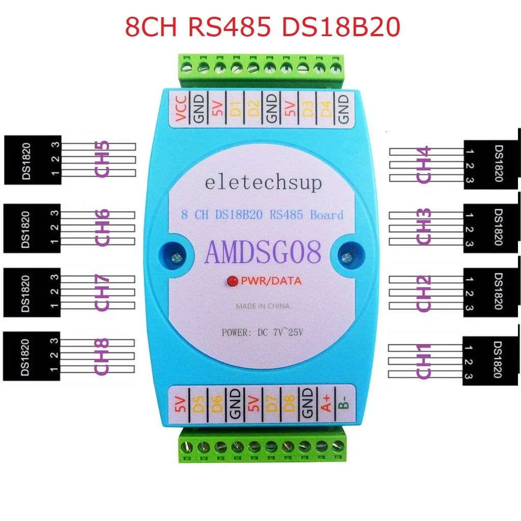 AMDSG08 8CH DS18B20 Temperature Acquisition Module – RS485 Modbus RTU with ±0.5°C Accuracy for PLC SCADA Industrial Automation