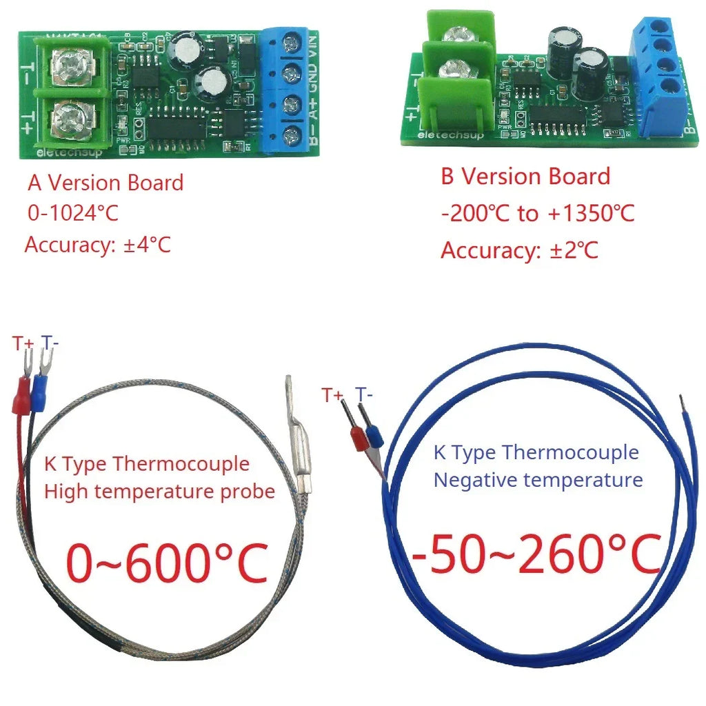 K-Type Thermocouple to RS485 Converter – -200 to 1350°C Modbus RTU Digital Temperature Measurement Board N4KTA01 KTHERM for PLC Industrial Automation