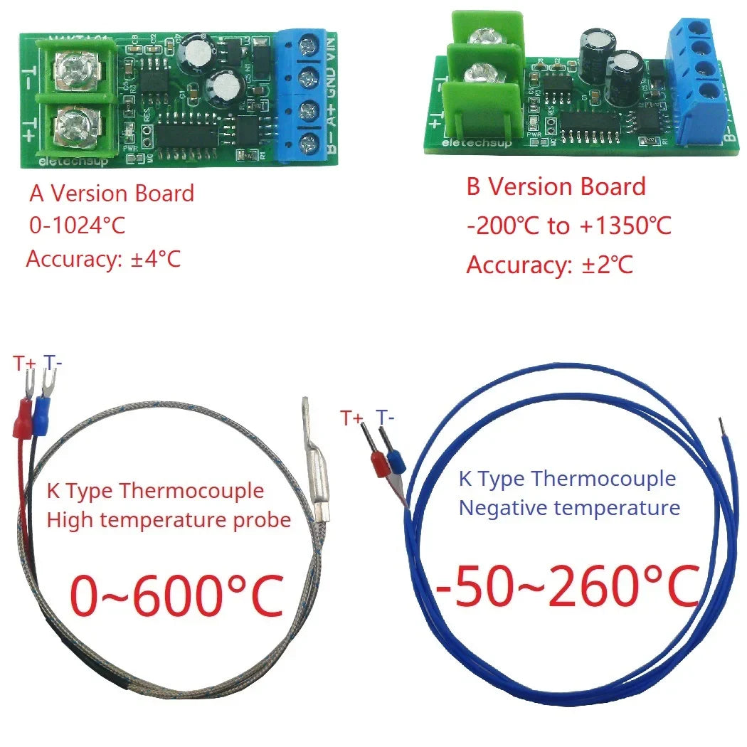 K-Type Thermocouple to RS485 Converter – -200 to 1350°C Modbus RTU Digital Temperature Measurement Board N4KTA01 KTHERM for PLC Industrial Automation