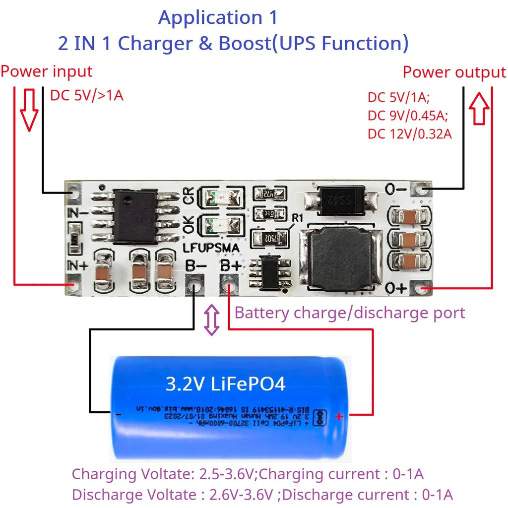 LFUPSMA 2-in-1 LiFePO4 UPS Module, 1S 3.2V Battery Charger & DC-DC Boost Converter 5V/9V/12V for 32700 18650 Solar DIY