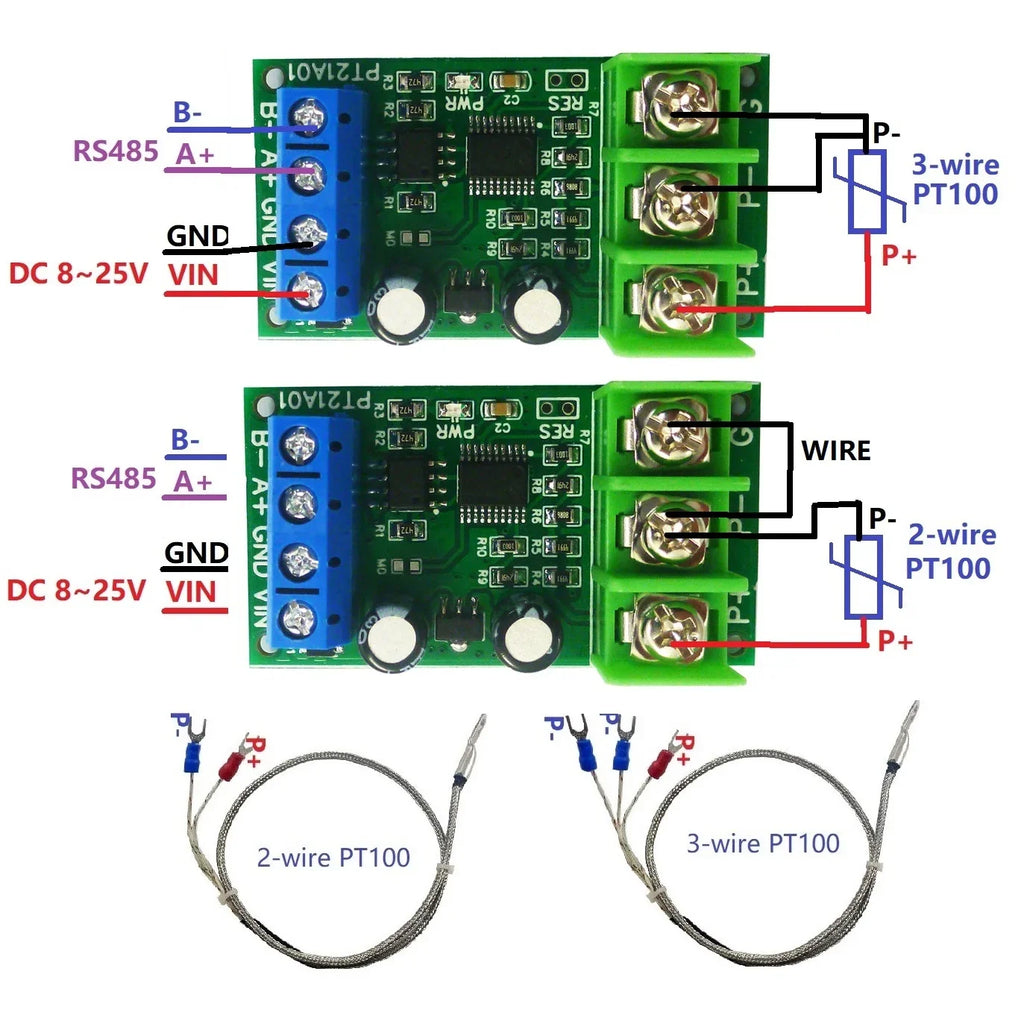 PT21A01 PT22B01 RS485 PT100 RTD Temperature Module – -40~500°C 1-Channel Modbus RTU Sensor Board for PLC SCADA Industrial Automation