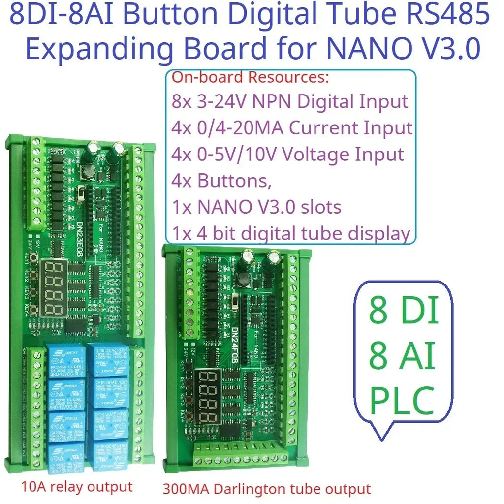 DN23E08 DN24F08 8DI-8AI-8DO IO Expansion Board for Arduino Nano V3.0 – RS485 Modbus RTU PLC Module with 4-20mA/0-10V Analog Input