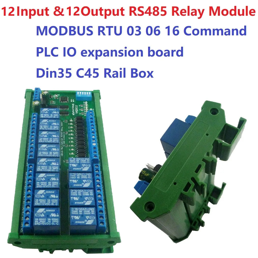 12CH RS485 Relay Module 12V/24V Modbus RTU DIN Rail Mount for PLC PTZ N4D8C12