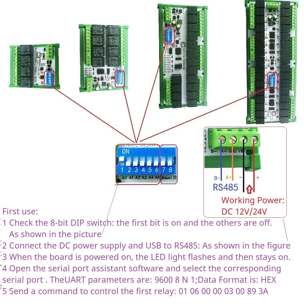 Relay Module RS485 Bus Modbus RTU UART Serial Port HMI PLC DIP Setup Parameters 4-32 Channels 10A 20A DC 12V 24V Switch Board RYR404A RYR408B RYR416C RYR432D