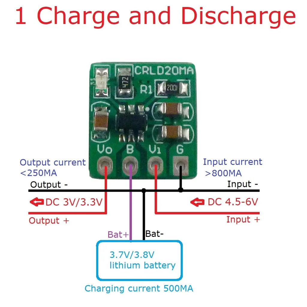 CRLD20MA 2-in-1 Battery Charger & LDO Converter – DC 5V to 4.2V 500mA Charging + 3.7V to 3.3V 250mA Step-Down for 18650 Li-Ion Li-Po