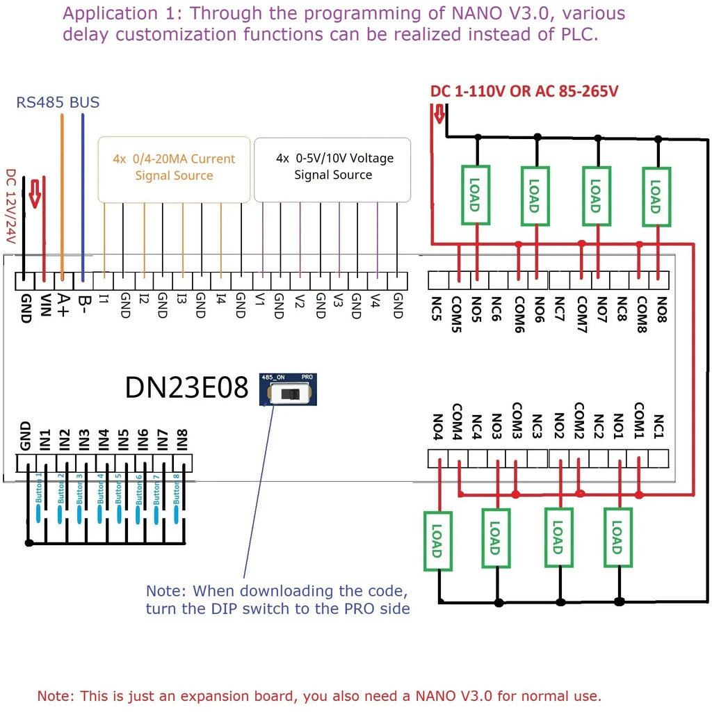 DN23E08 DN24F08 8DI-8AI-8DO IO Expansion Board for Arduino Nano V3.0 – RS485 Modbus RTU PLC Module with 4-20mA/0-10V Analog Input