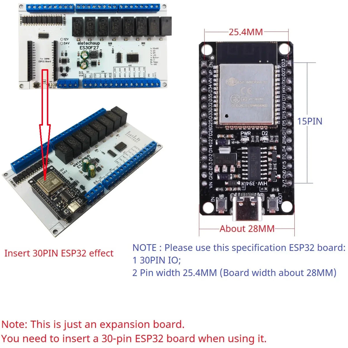 ES30F27 ESP32 Industrial DIN Rail Expansion Board – 8DI 8DO 10A Relay 7ADC RS485 I2C SPI GPIO for PLC IoT Automation