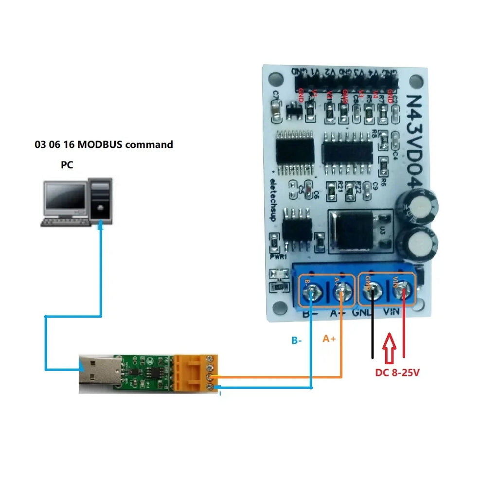 N43VD04 N43IC04 4CH 4-20mA/0-10V Analog Input Module – RS485 Modbus RTU ADC Data Acquisition Board for PLC SCADA Industrial Automation
