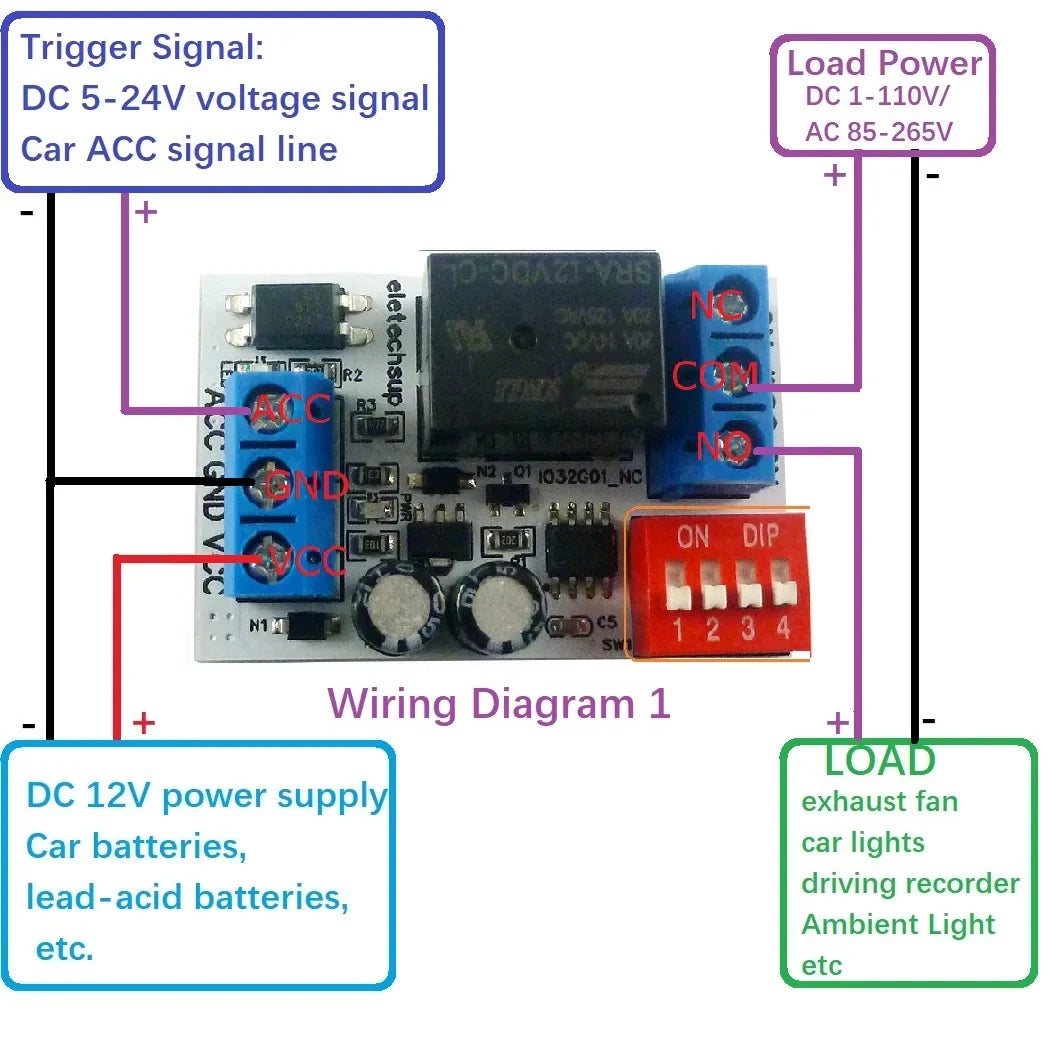 IO32G01_NC DC 12V ACC Trigger Delay Power-Off Relay Module – 20A Timing Switch for Dashcam Stereo Ambient Light Car Accessories