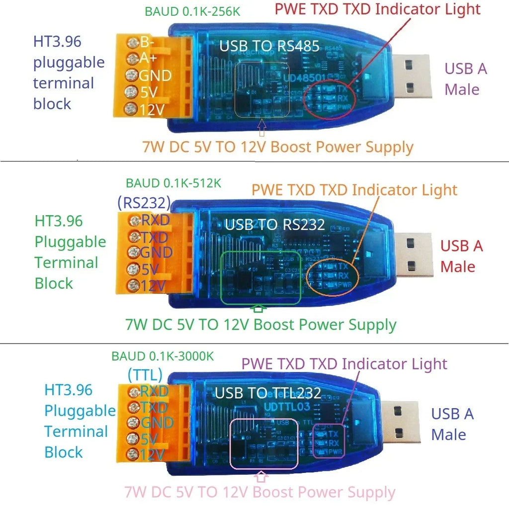 UD48501 UD23202 UDTTL03 USB to RS485 RS232 TTL Converter – 12V 5V VCC Output Industrial Serial Adapter for PLC HMI PTZ Smart Home Debugging