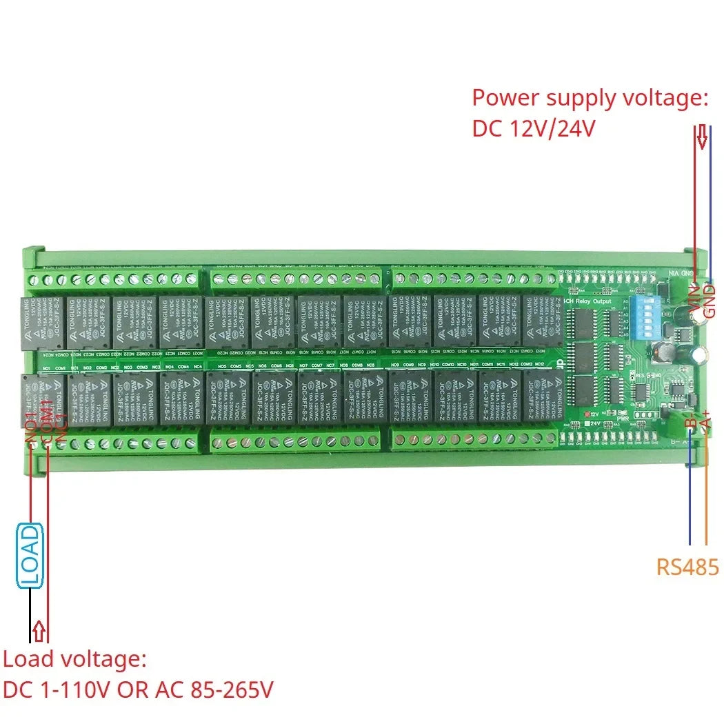 N4DOJ24 24CH RS485 Modbus RTU Relay Module DC 12V 24V PLC IO Expansion Board DIN Rail Mount Controller for Industrial Automation Motor