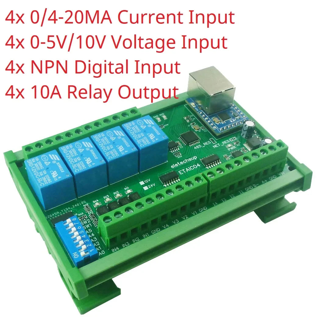 ETAIC04 ETVOD08 ETIOE16 Ethernet Remote IO Module – 4/8/16CH 10A Relay Modbus TCP RTU MQTT with RS485 DIN Rail for PLC SCADA