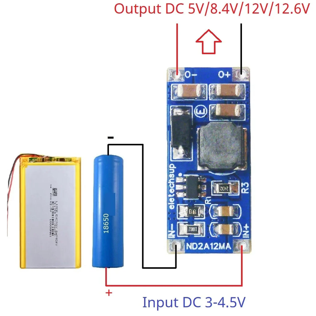 8W DC-DC Boost Converter Module ND2A12MA, 2.6-6V Input to 5V/8.4V/12V/12.6V Output, Adjustable Current Limit 0.5-2.5A, UVLO/OVP/SCP