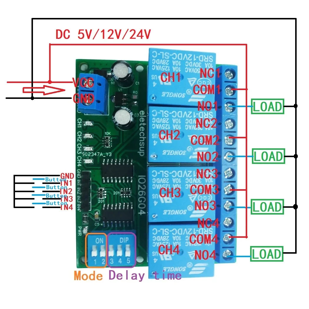 IO26G04 4CH Multifunction Delay Relay Module – DC 5V/12V/24V Timer Switch with Flip-Flop Latch Self-Locking Interlock for PLC Power Sequencer