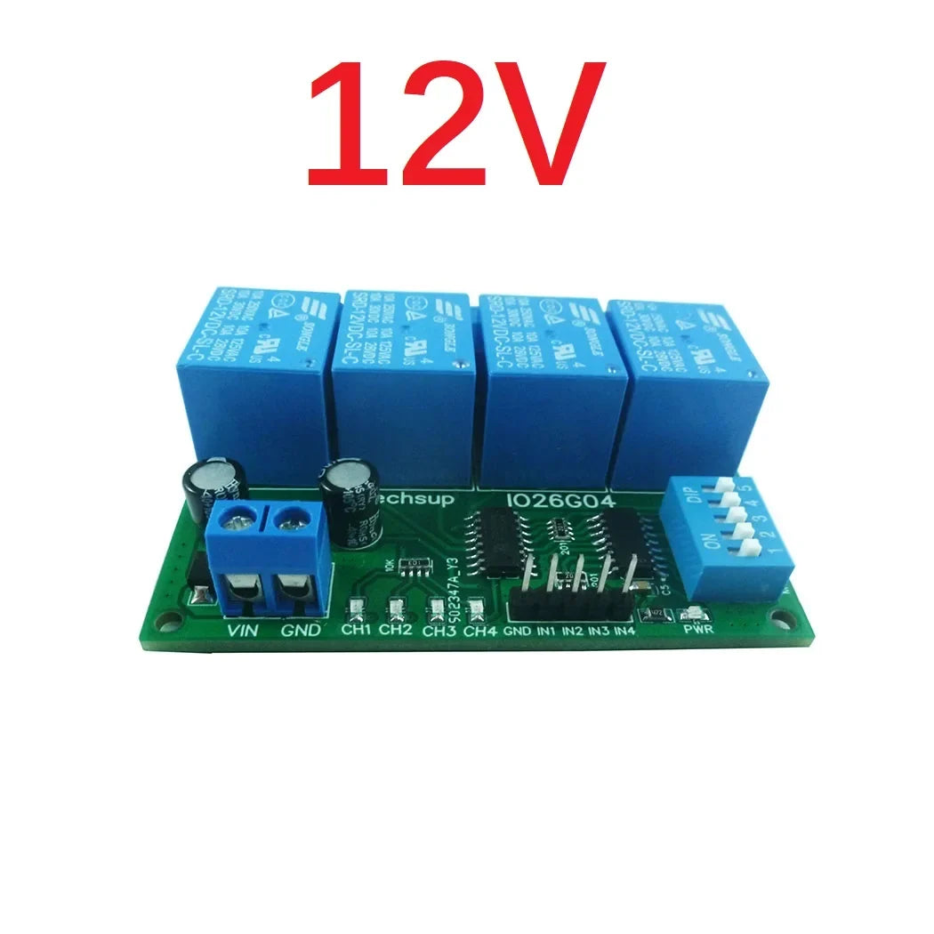 IO26G04 4CH Multifunction Delay Relay Module – DC 5V/12V/24V Timer Switch with Flip-Flop Latch Self-Locking Interlock for PLC Power Sequencer