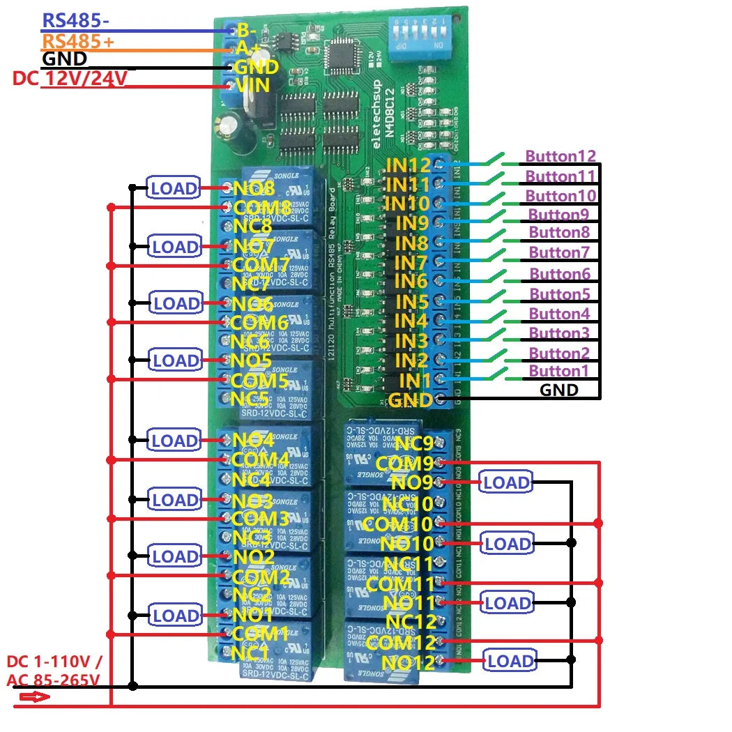 12CH RS485 Relay Module 12V/24V Modbus RTU DIN Rail Mount for PLC PTZ N4D8C12