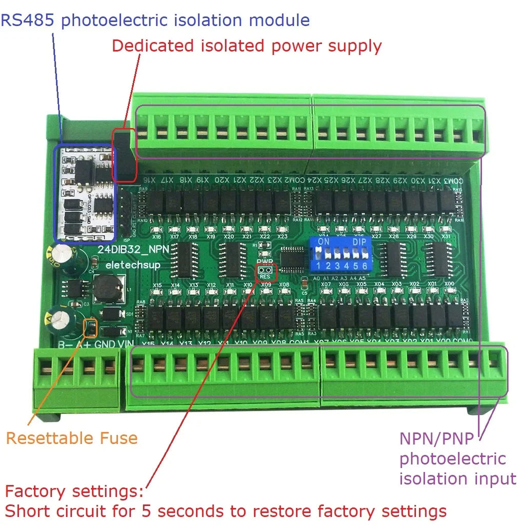 24DIA16 24DIB32 24DIC48 16-48CH Digital Input Module – NPN/PNP Switch PLC IO Expansion Board with 3000VDC Isolation RS485 Modbus RTU