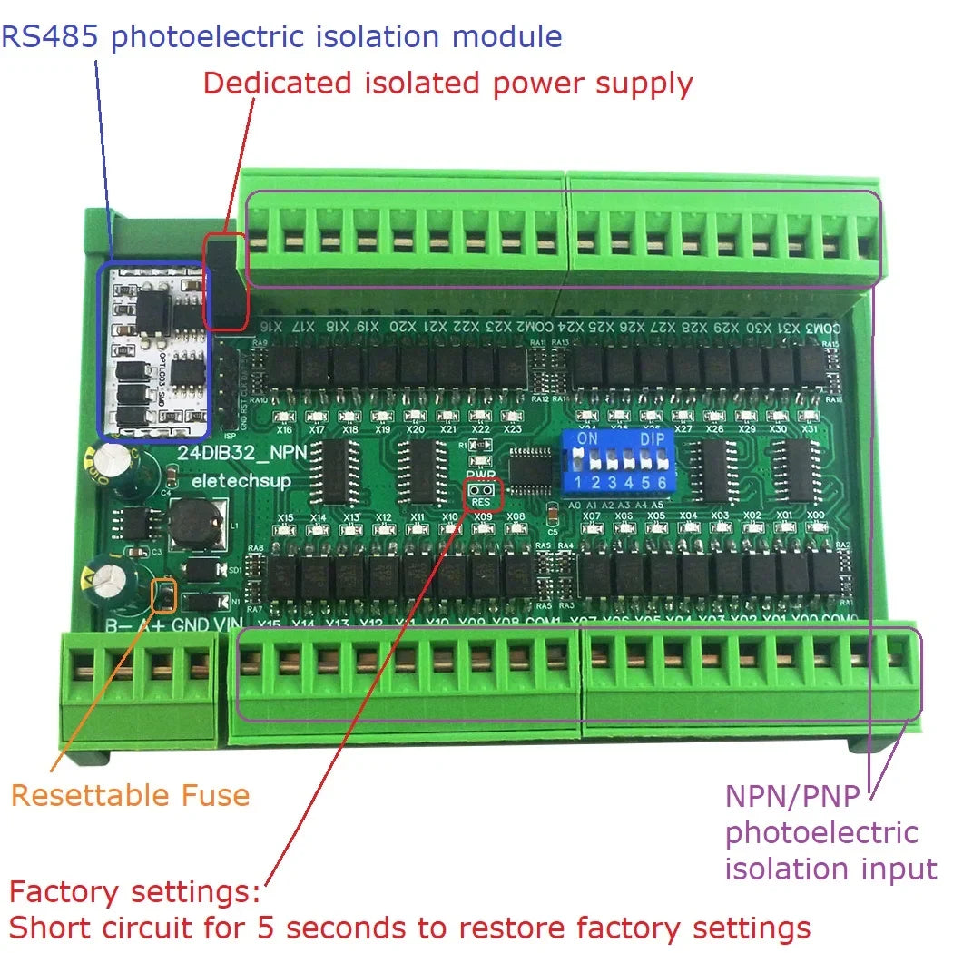 24DIA16 24DIB32 24DIC48 16-48CH Digital Input Module – NPN/PNP Switch PLC IO Expansion Board with 3000VDC Isolation RS485 Modbus RTU