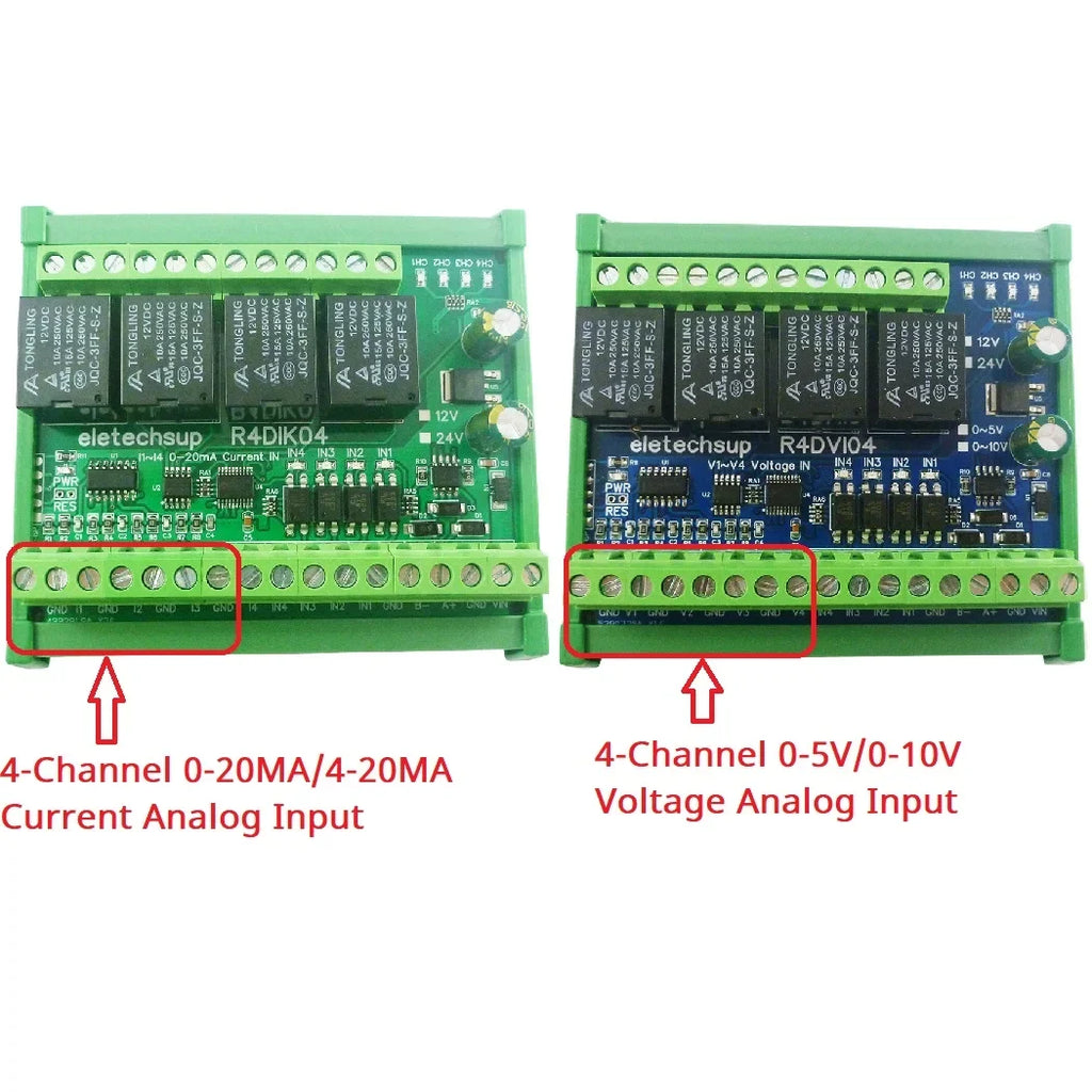 R4DIK04 R4DVI04 Modbus RTU RS485 Remote IO Module 4AI 4DI 4DO 4-20mA 0-20mA 0-5V 0-10V Relay Board 12V 24V