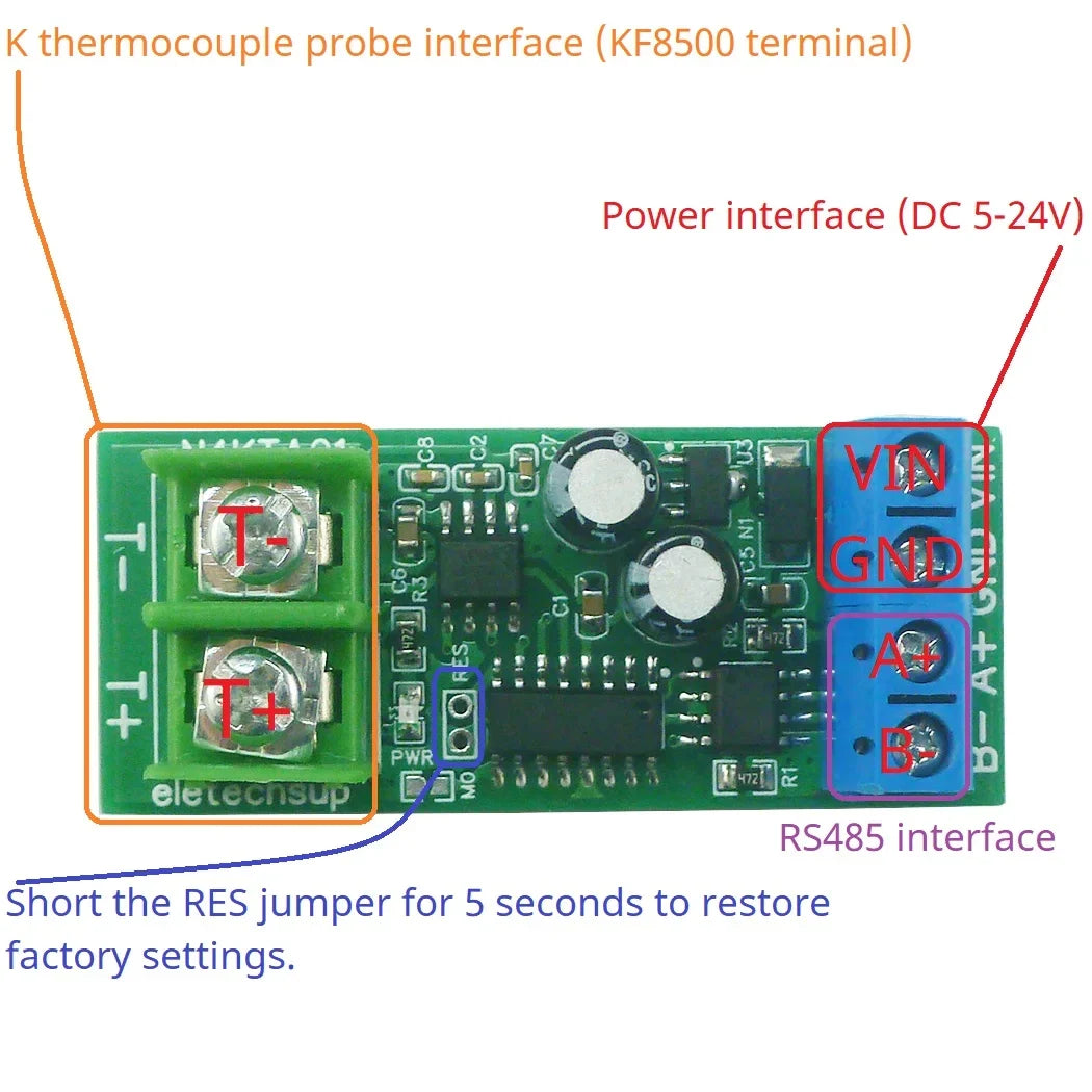 K-Type Thermocouple to RS485 Converter – -200 to 1350°C Modbus RTU Digital Temperature Measurement Board N4KTA01 KTHERM for PLC Industrial Automation