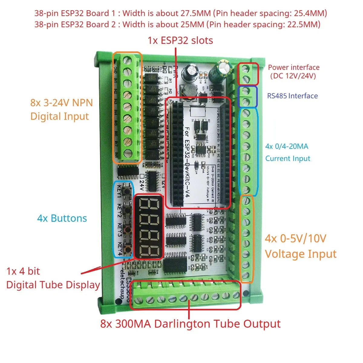 ESP32 38PIN IO Expansion Board ES32A08 Relay ES33B08 Opto-isolated Input 4x 0-10V 4x 4-20MA Digital Tube Display Automation